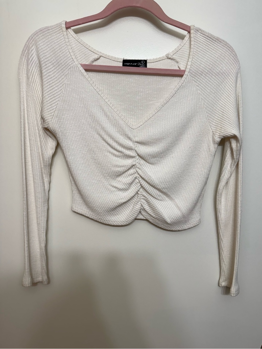 Ribbed Ruched V-Neck Long Sleeve Crop Top - Cream